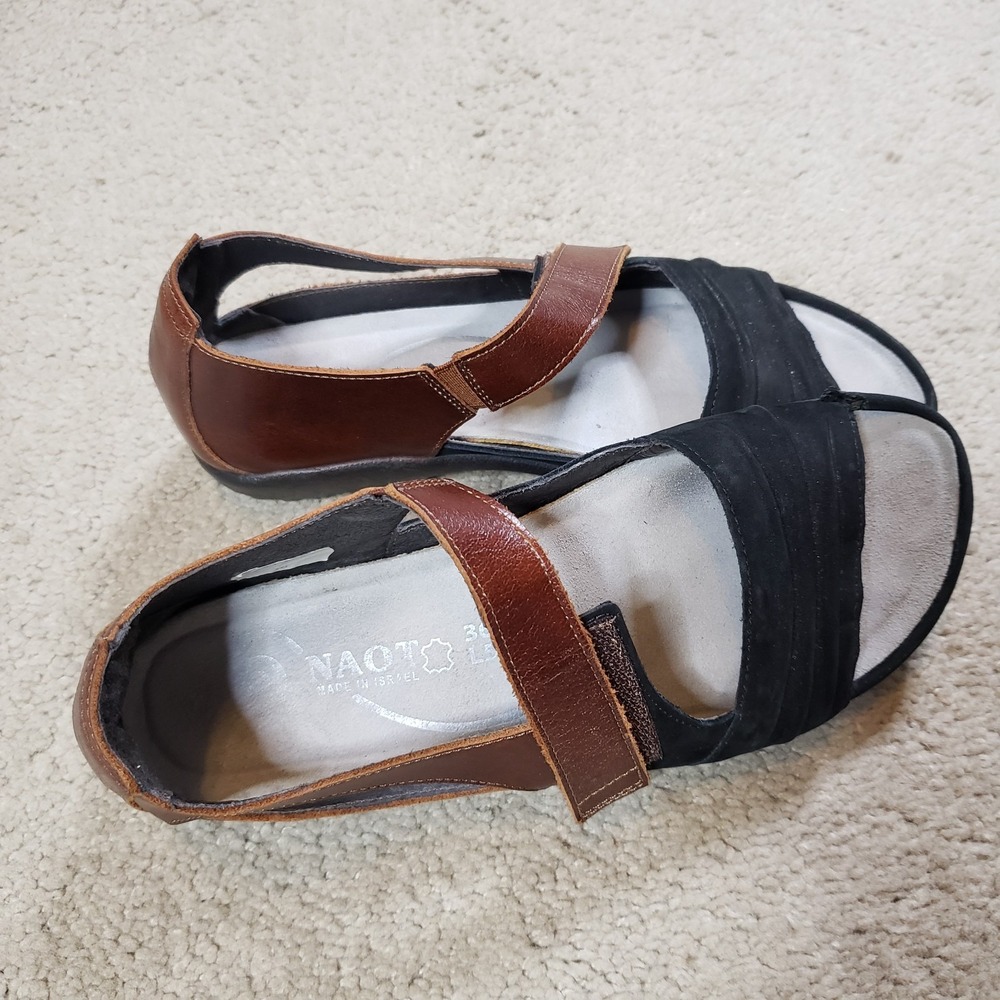 Naot Papaki Koru Sandals 36 US 5-5.5 Black Velvet Nubuck/Cinnamon Leather Shoes - Picture 4 of 11